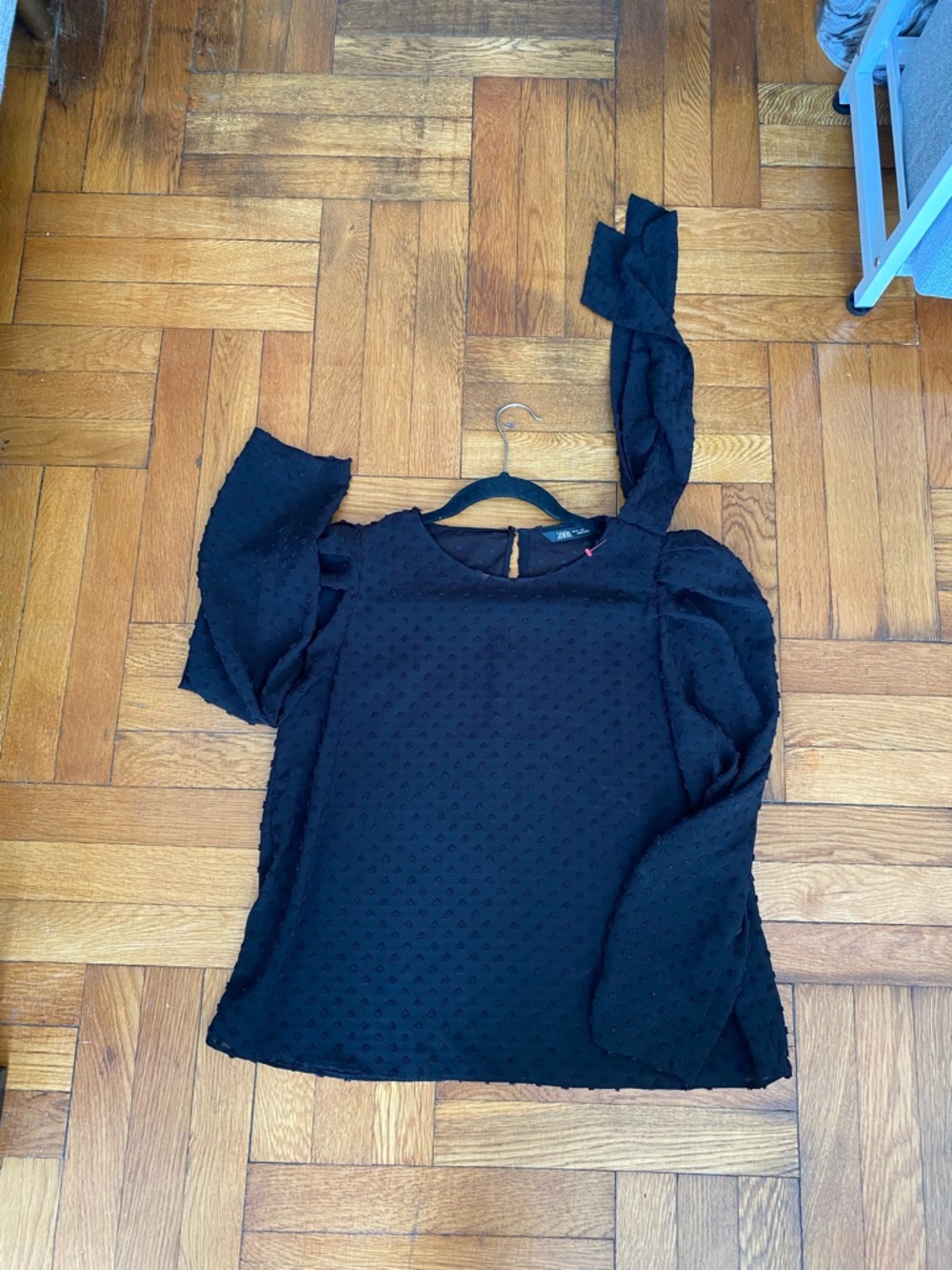 ZARA Black Textured Swiss Dot Puff Sleeve Blouse Size M